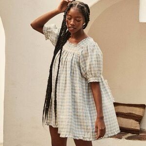 Doen Cream and Light Blue Plaid Mini Dress